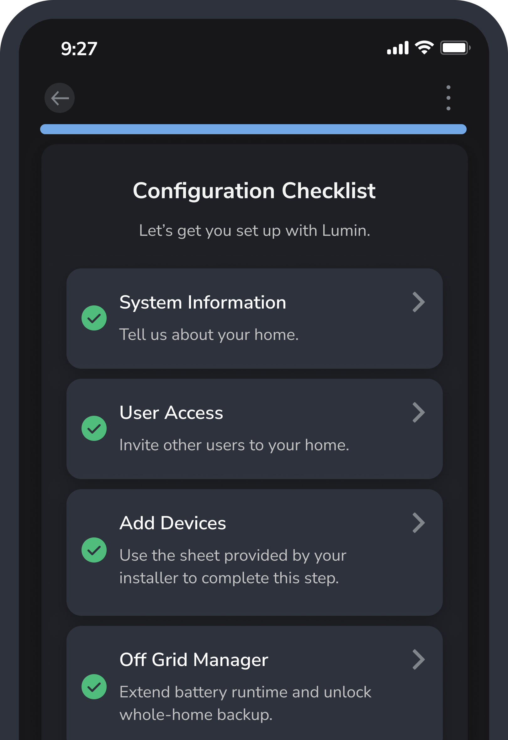 An image of the lumin energy app showing the commissioning flow
